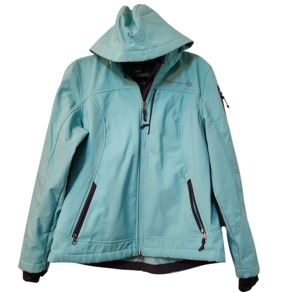 Free Country Womens Jacket Size L Blue Hooded Zip Front Softshell Fleece Lined